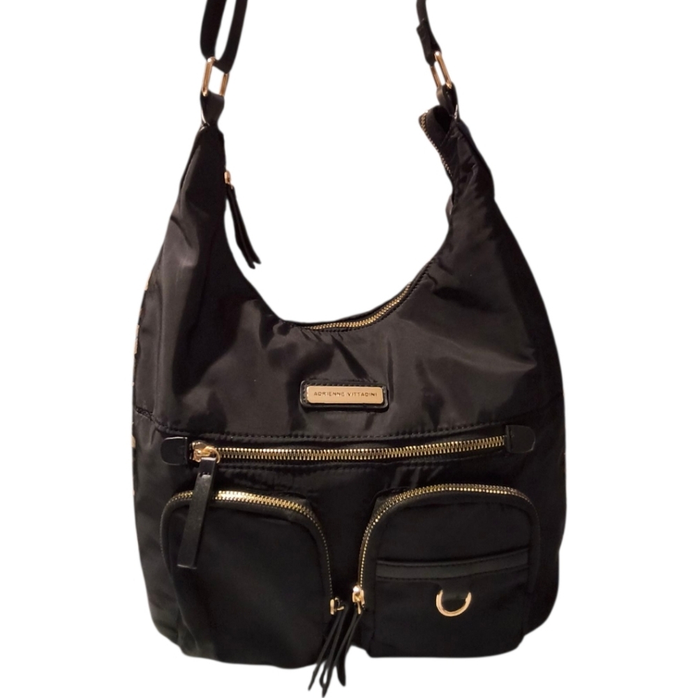 Adrienne Vittadini Black Nylon Shoulder Bag Crossbody with Multiple Pockets